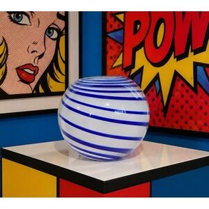 Handblown Glass Pop Art Blue and White Swirl Orb Vase Modern Heavyweight Vase